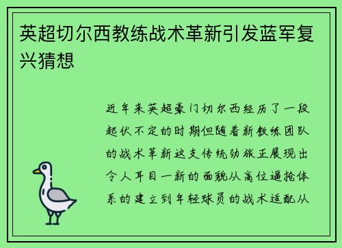 英超切尔西教练战术革新引发蓝军复兴猜想